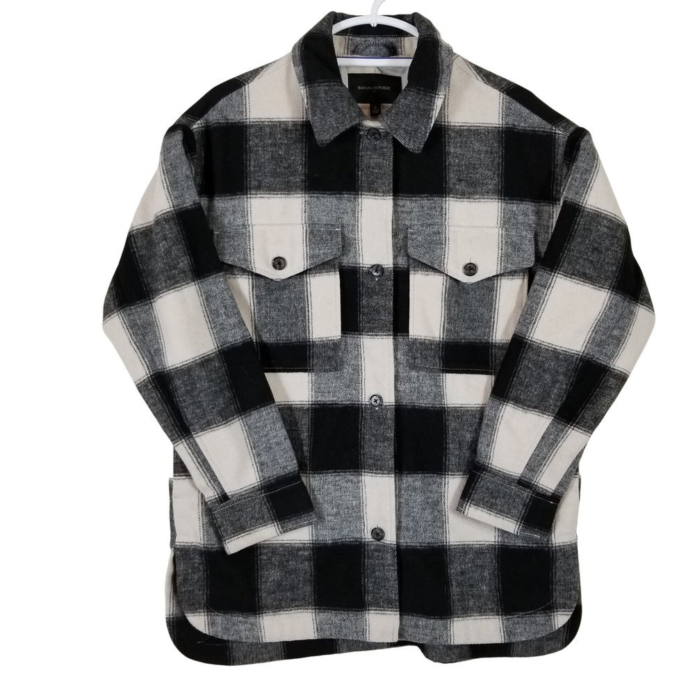 Banana Republic Womens Black White Buffalo Plaid Button Front Shirt Jacket S